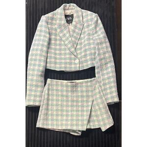 Zara Women’s Tweed Plaid Bouclé Jacket & Skort Set XS Teal Purple White